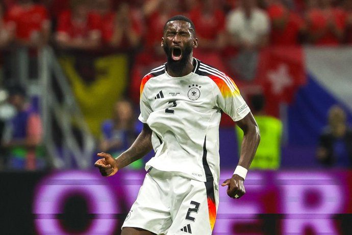 23 June 2024, Hesse, Frankfurt/Main: Germany's Antonio Ruediger reacts during the UEFA Euro 2024 group A soccer match between Switzerland and Germany at the Deutsche Bank Park. Photo: Christian Charisius/dpa