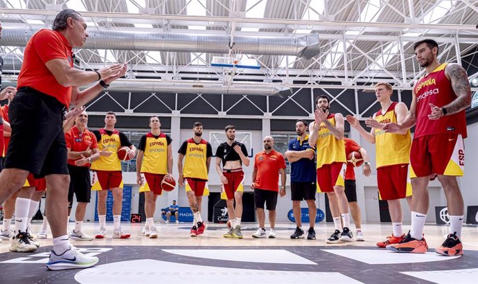 La selección española de baloncesto durante un entrenamiento en Madrid