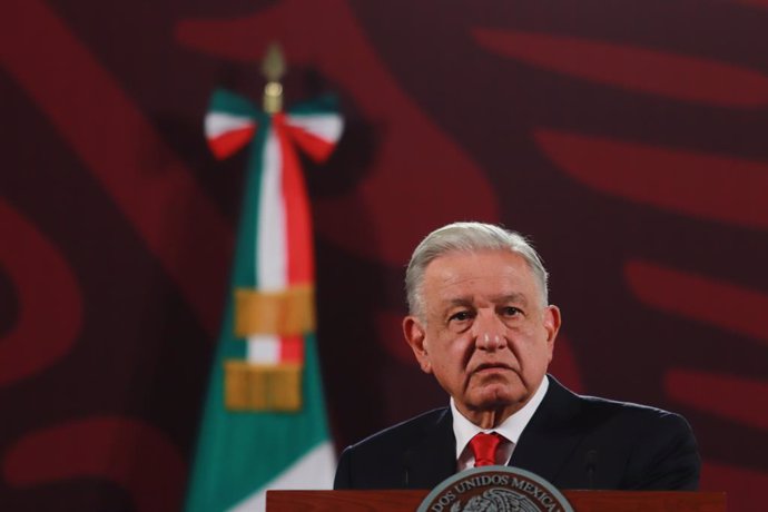 Outgoing President of Mexico, Andres Manuel Lopez Obrador, speaking during a briefing conference  at National Palace. Lopez Obrador spoke about the progress in the ISSSTE transformation project and the DEA's statements about judicial reform.