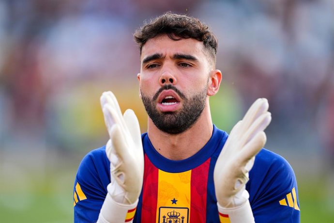 David Raya of Spain gestures during International Friendly football match played between Spain and Andorra at Nuevo Viveros stadium on June 5, 2024, in Badajoz, Spain.