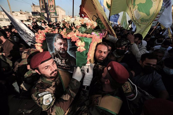 Archivo - Funeral de un comandante de la milicia iraquí proiraní Kataib Hezbolá