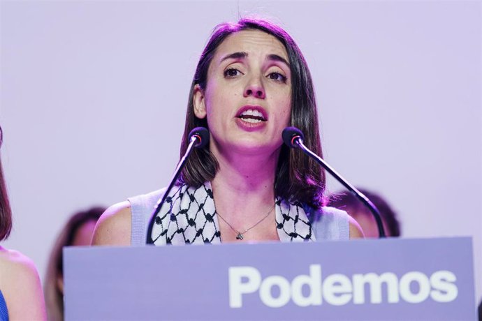 La candidata de Podemos a las elecciones europeas, Irene Montero, realiza el seguimiento de la jornada electoral de elecciones europeas, en la sede de Podemos, a 9 de junio de 2024, en Madrid (España).