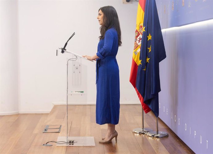 La portavoz de VOX en el Congreso, Pepa Millán, durante una rueda de prensa anterior a la Junta de portavoces, en el Congreso de los Diputados, a 25 de junio de 2024, en Madrid (España).