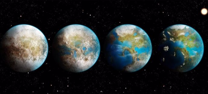 Concepto artístico de un exoplaneta en proceso de terraformación.