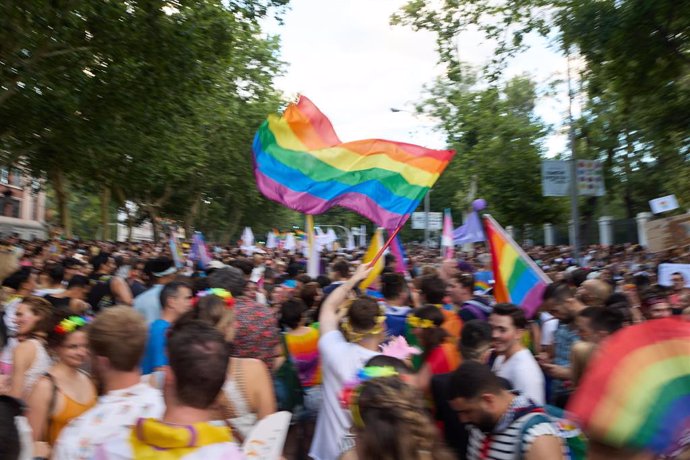 Archivo - Varias personas participan en la manifestación del Orgullo LGTBI+ 2023, a 1 de julio de 2023, en Madrid (España). La marcha, convocada por COGAM (Colectivo de Lesbianas, Gays, Transexuales y Bisexuales de Madrid) y FELGTB (Federación Estatal de 