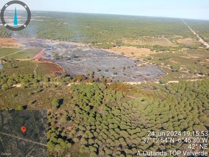 Vista aérea de la zona de Moguer afectada por el incendio.