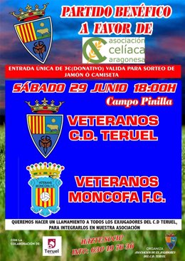 Cartel anunciador del partido de fútbol benéfico entre los veteranos del CD Teruel y el Moncófar FC.