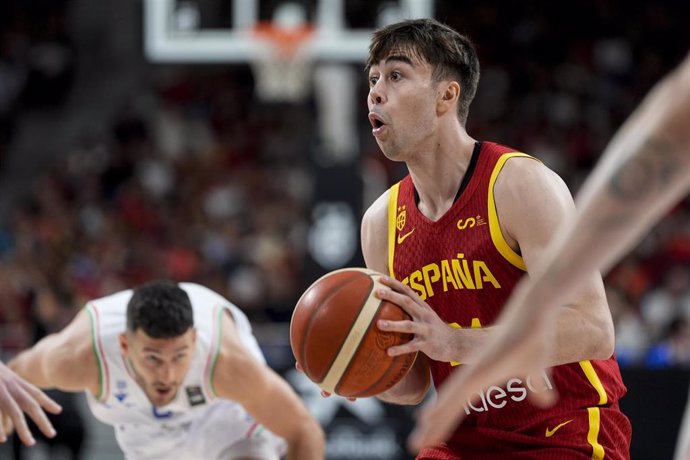 Juan Nunez of Spain in action during the friendy international basketball match played between Spain and Italy at Wizink Center pavilion on June 25, 2024, in Madrid, Spain.