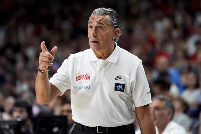 Sergio Scariolo, head coach of Spain, gestures during the friendy international basketball match played between Spain and Italy at Wizink Center pavilion on June 25, 2024, in Madrid, Spain.