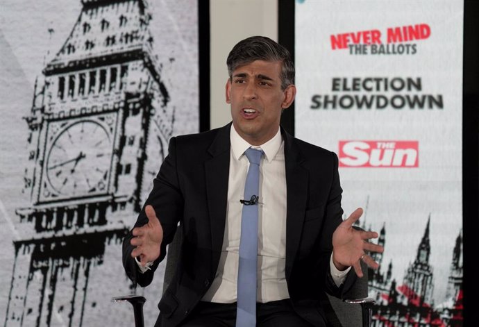 24 June 2024, United Kingdom, London: UK Prime Minister Rishi Sunak takes part in The Sun's election showdown, where he and Labour Party leader Sir Keir Starmer faced questions from The Sun's Political Editor Harry Cole, in front of a live audience in Lon