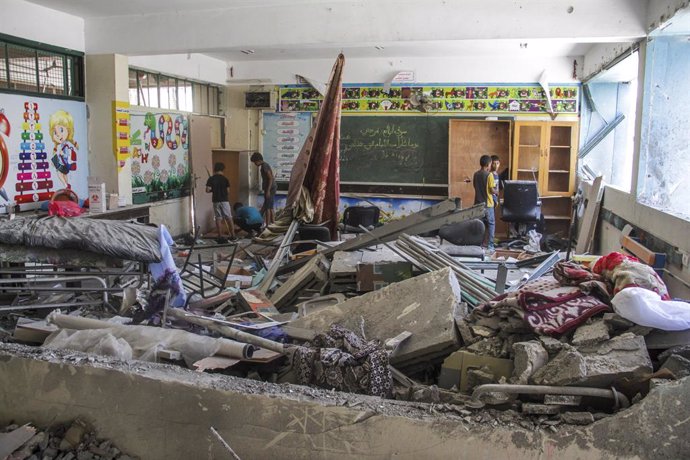 GAZA, June 25, 2024  -- Palestinian children are seen in a school after Israeli airstrikes in the Al-Shati refugee camp, west of Gaza City, on June 25, 2024. At least 26 Palestinians were killed in Israeli airstrikes that hit two residential homes, two sc