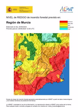 El nivel de riesgo de incendio forestal previsto para este miércoles es extremo en todo el litoral de la Región
