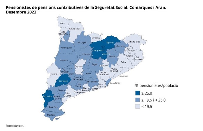 Archivo - Plano de Catalunya que muestra el porcentaje de pensionistas sobre la población total por comarcas.
