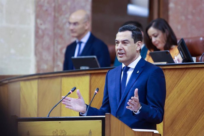 El presidente de la Junta, Juanma Moreno, este miércoles durante su intervención en el debate general sobre la situación de Andalucía.