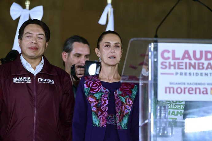 61-year-old, Candidate for Presidency of Mexico,  Claudia Sheinbaum Pardo,  accompanied by  Mario Delgado gives a message to her supporters  to  celebrate her victory after know the electoral preliminary results of  of Mexico's general election. 