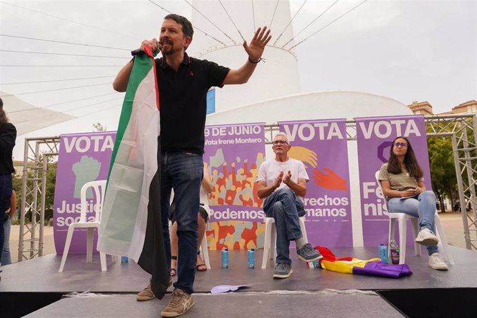 El cofundador de Podemos y exvicepresidente del Gobierno, Pablo Iglesias, interviene en un acto de campaña por el 9J. A 06 de junio de 2024, en Málaga (Andalucía, España). 