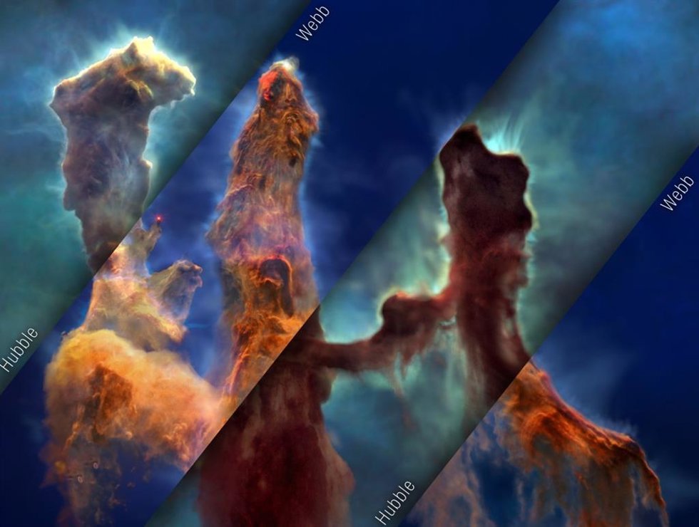 Un mosaico de vistas en luz visible (Hubble) y luz infrarroja (Webb) del mismo fotograma de la visualización de los Pilares de la Creación.