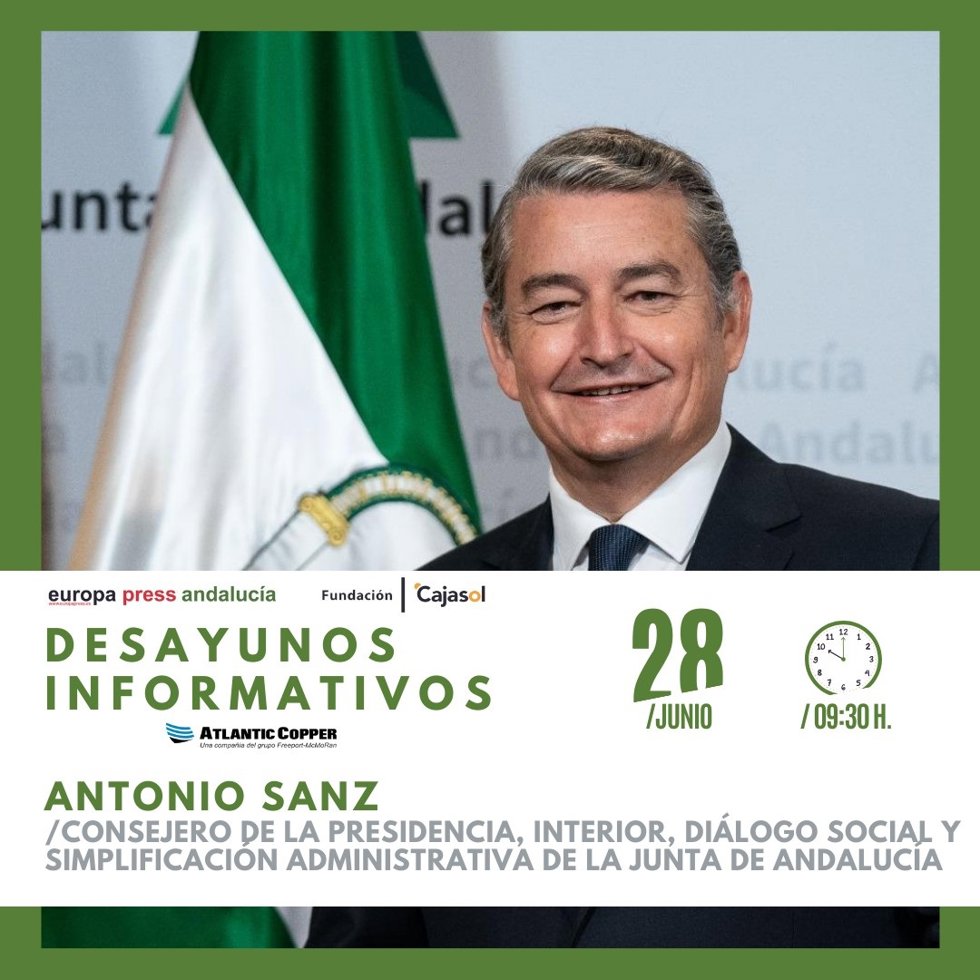 Cartel anunciador del desayuno informativo de Europa Press Andalucía con el consejero de la Presidencia, Interior, Diálogo Social y Simplificación Administrativa, Antonio Sanz, en Sevilla el viernes 28 de junio de 2024