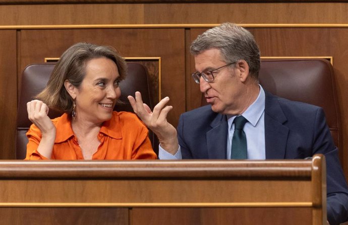 La secretaria general del PP, Cuca Gamarra y el presidente del PP, Alberto Núñez Feijóo, durante una sesión de control al Gobierno, en el Congreso de los Diputados, a 26 de junio de 2024, en Madrid (España).  La financiación singular para Cataluña protago