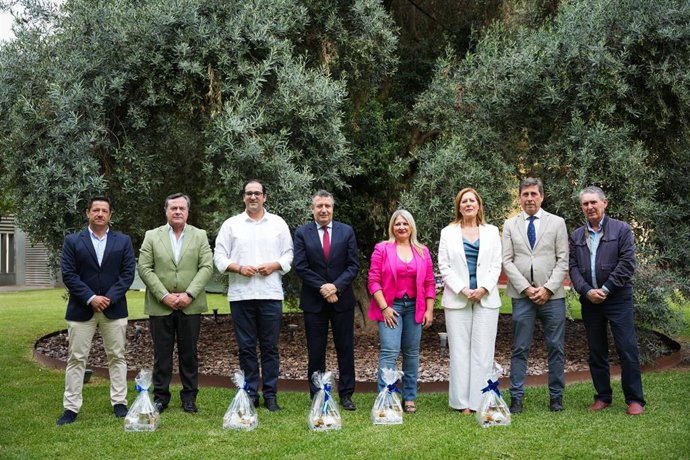 Representantes del sector de la aceituna de mesa junto al presidente de la Diputación, en el centro, y el alcalde de Pilas (2d), en el patio de la institución provincial.