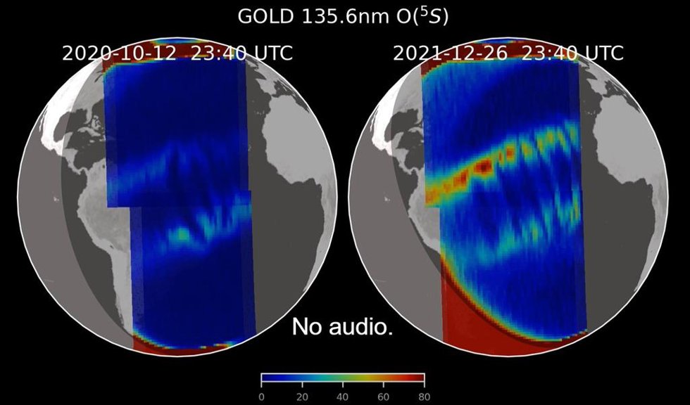 Esta visualización muestra burbujas de plasma en forma de C y de C invertida que aparecen juntas en la ionosfera el 12 de octubre de 2020 y el 26 de diciembre de 2021, según lo observado por la misión GOLD de la NASA.