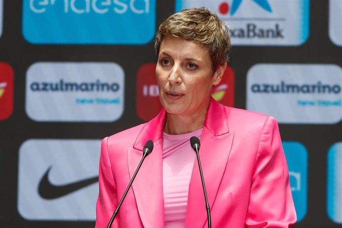 Elisa Aguilar, President of FEB (Spanish Basketball Federation) attends the media during the official presentation of the Spanish Men's National Team players called up for the Valencia Pre-Olympic Tournament at Endesa Headquarters on Jun 20, 2024, in Madr