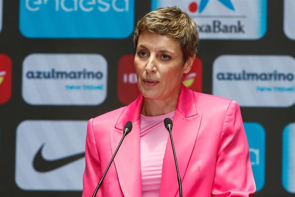 Elisa Aguilar, President of FEB (Spanish Basketball Federation) attends the media during the official presentation of the Spanish Men's National Team players called up for the Valencia Pre-Olympic Tournament at Endesa Headquarters on Jun 20, 2024, in Ma