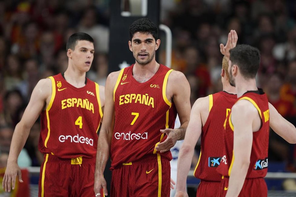 Jaime Pradilla and Santi Aldama of Spain gestures during the friendy international basketball match played between Spain and Italy at Wizink Center pavilion on June 25, 2024, in Madrid, Spain.