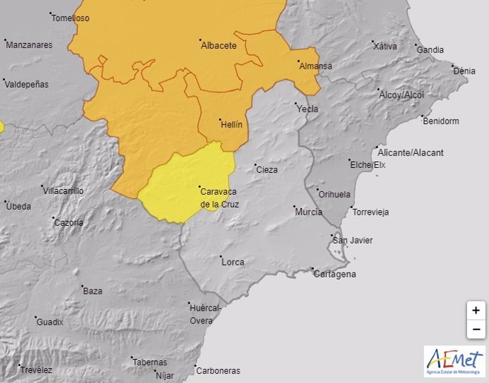 Mapa que muestra el aviso meteorológico activo en la Región