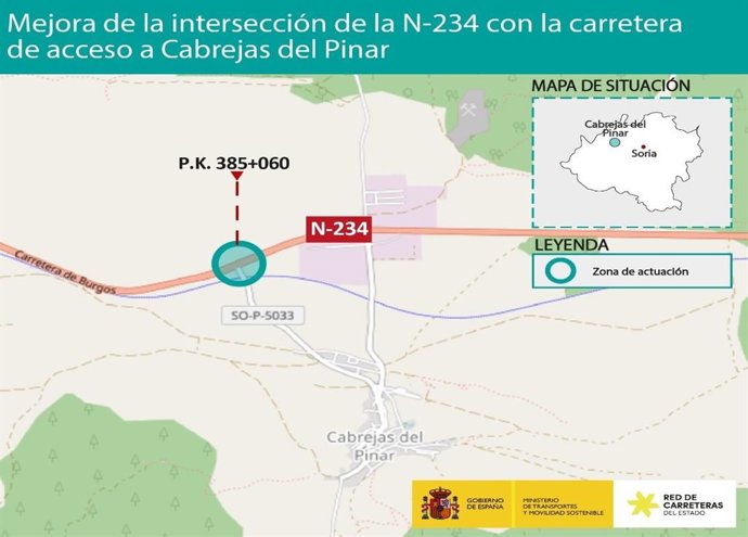Obra en la intersección de N-234 con la vía de acceso a Cabrejas del Pinar.