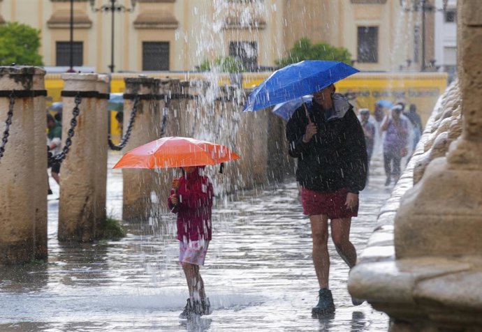 Transeúntes protegidos con paraguas durante las fuertes lluvias. A 19 de junio de 2024, en Sevilla (Andalucía, España). Durante la jornada de hoy miércoles algunas zonas de la provincia de Sevilla vivirá fuertes lluvias.