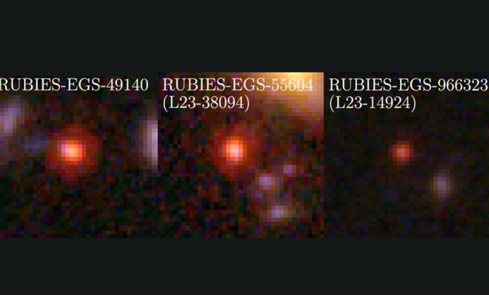 Los investigadores estudiaron tres objetos misteriosos del universo primitivo. Aquí se muestran sus imágenes en color, compuestas a partir de tres bandas de filtros NIRCam a bordo del telescopio espacial James Webb.
