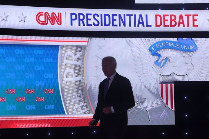 June 28, 2024: President Joe Biden walks back on stage after a commercial break debating former President Donald Trump at CNN, Thursday, June 27, 2024, in Atlanta.