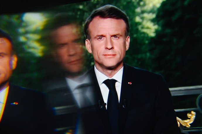 June 14, 2024, Clermont-Ferrand, Auvergne Rhone Alpes, France: France's President Emmanuel Macron adresses French people on television, on June 9, after the results of the European parliamentary elections, during which he announced the dissolution of the 