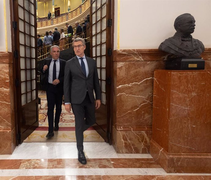 El vicesecretario de Coordinación Autonómica y Local del PP, Elías Bendodo (i), y el presidente del Partido Popular, Alberto Núñez Feijóo (d), durante una sesión plenaria, en el Congreso de los Diputados, a 27 de junio de 2024, en Madrid (España).