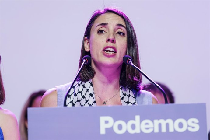 La candidata de Podemos a las elecciones europeas, Irene Montero, realiza el seguimiento de la jornada electoral de elecciones europeas, en la sede de Podemos, a 9 de junio de 2024, en Madrid (España). Hoy tienen lugar las elecciones europeas de 2024 en E