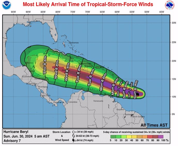 Trayecto del huracán 'Beryl'