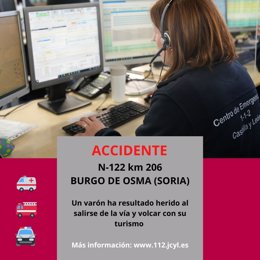 Imagen compartida por el 112 CyL con información sobre el octogenario herido en un accidente en la N-122 en Burgo de Osma (Soria).