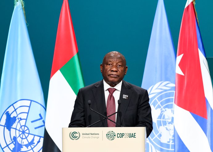 FILED - 02 December 2023, United Arab Emirates, Dubai: South African President Cyril Ramaphosa speaks at the G77 +  China Leaders' Summit during the United Nations Climate Change Conference (COP28).