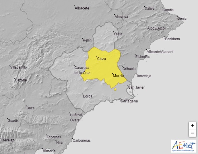 Mapa de avisos meteorológicos activos en la Región