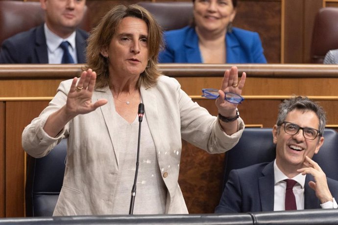 La vicepresidenta tercera y ministra para la Transición Ecológica, Teresa Ribera, interviene durante una sesión de control al Gobierno, en el Congreso de los Diputados, a 26 de junio de 2024, en Madrid (España)