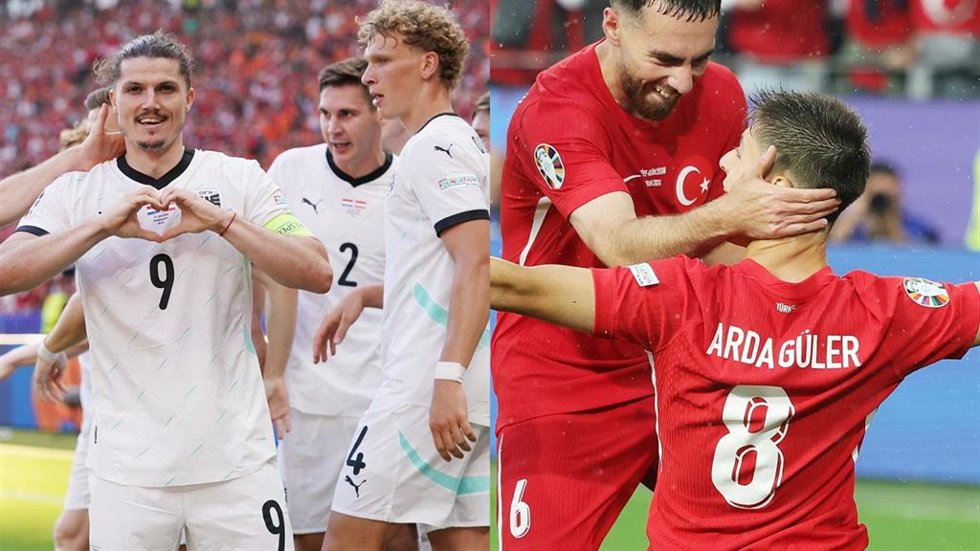 Los futbolistas Marcel Sabitzer (Austria) y Arda Güler (Turquía), en la Eurocopa 2024.
