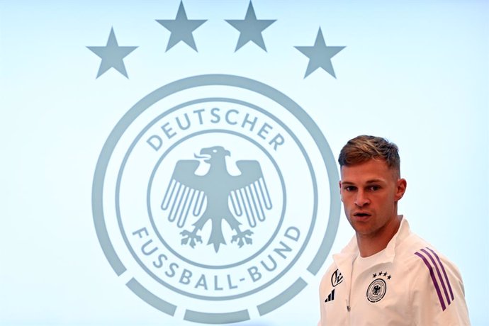 01 July 2024, Bavaria, Herzogenaurach: Germany's Joshua Kimmich arrives at a press conference for the German national team, ahead of the UEFA Euro 2024 quarter-final soccer match against Spain. Photo: Federico Gambarini/dpa