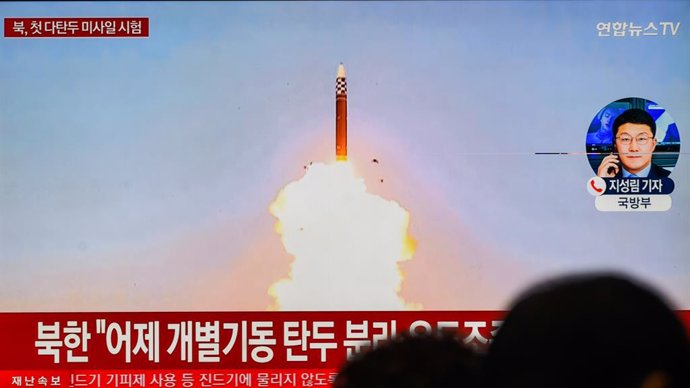 June 27, 2024, Seoul, South Korea: A 24-hour Yonhapnews TV broadcast at Yongsan Railway Station in Seoul shows North Korea's missile test conducted that it claims has proven its multiple warhead capability. North Korea claimed to have successfully conduct