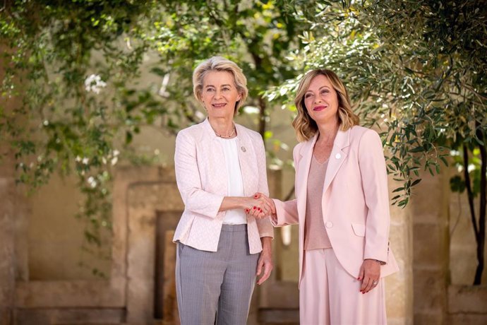 13 June 2024, Italy, Bari: Italy's Prime Minister Giorgia Meloni (L) welcomes President of the European Commission Ursula von der Leyen upon arrival at the Borgo Egnazia resort for the G7 Summit. Photo: Michael Kappeler/dpa
