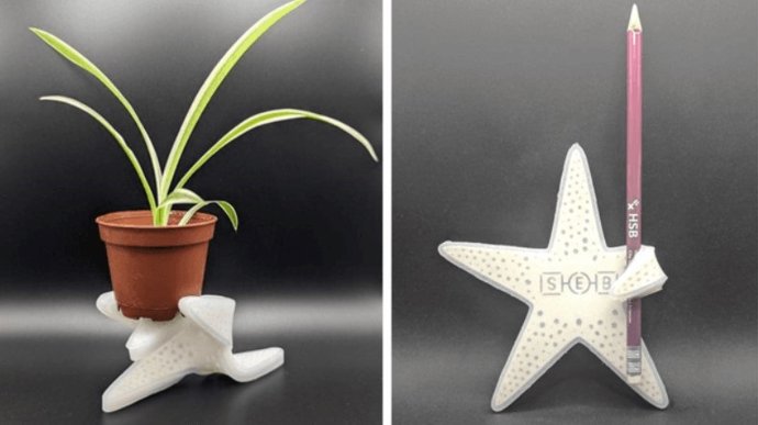 Estructura morfizante que sostiene una planta en maceta, demostrando su capacidad de flexibilidad y resistencia.