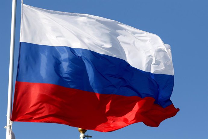 June 9, 2024, Saint Petersburg, Russia: The flag of the Russian Federation seen in the gallery of flags of the participating countries in the framework of St. Petersburg International Economic Forum 2024
