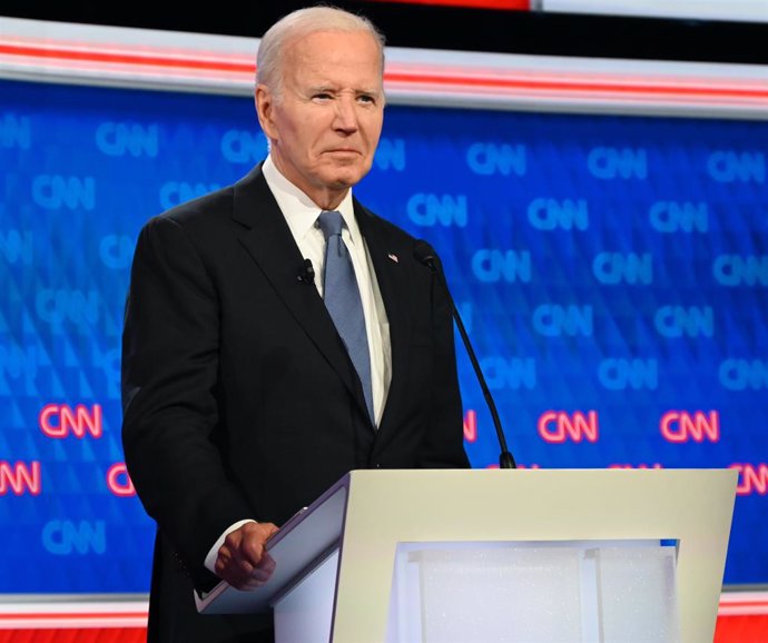 June 27, 2024, Atlanta, Georgia, United States: President of the United States Joe Biden (shown) and Former President of the United States Donald J. Trump (not shown) participate in the first Presidential Debate at CNN Studios in Atlanta, Georgia, United 