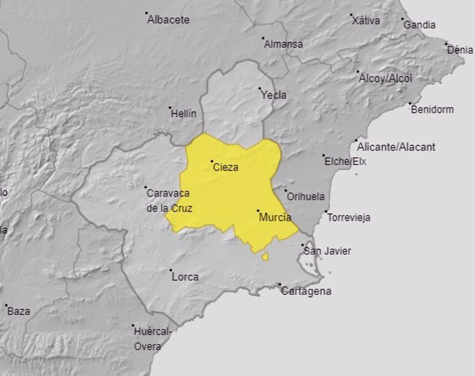 Mapa de avisos meterológicos en la Región de Murcia