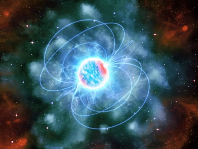 Impresión artística de una estrella de neutrones, mostrada como una esfera azul y roja brillante con rasgos parecidos a chispas que salen volando de ella.